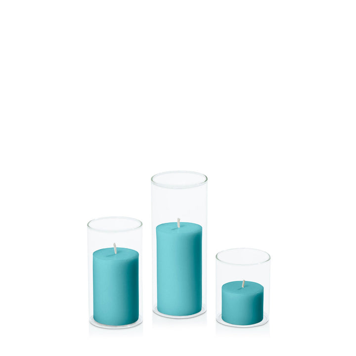 Teal 5cm Pillar in 5.8cm Glass Set - Sm Pack of 1