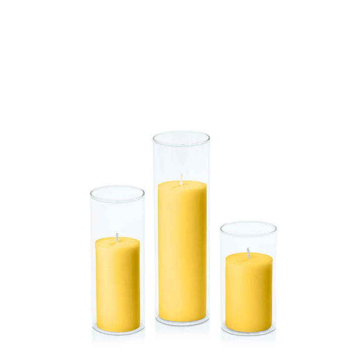 Yellow 5cm Pillar in 5.8cm Glass Set - Med Pack of 1