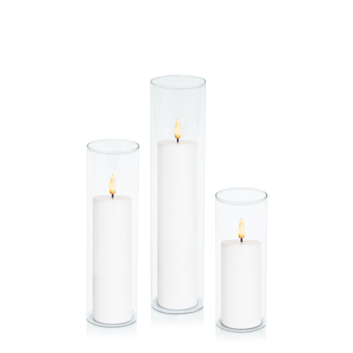 White 5cm LED Pillar in 5.8cm Glass Set - Lg Pack of 1