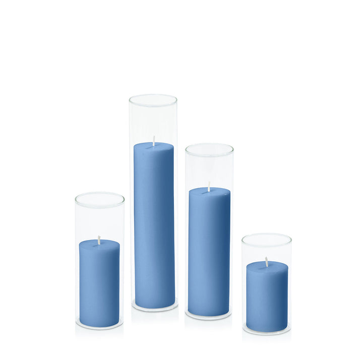 Dusty Blue 5cm Pillar in 5.8cm Glass Set - Med Pack of 1