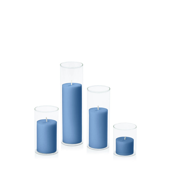 Dusty Blue 5cm Pillar in 5.8cm Glass Set - Sm Pack of 1