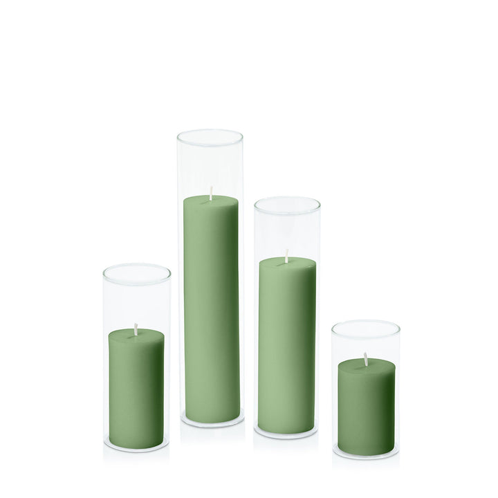 Green 5cm Pillar in 5.8cm Glass Set - Med Pack of 1