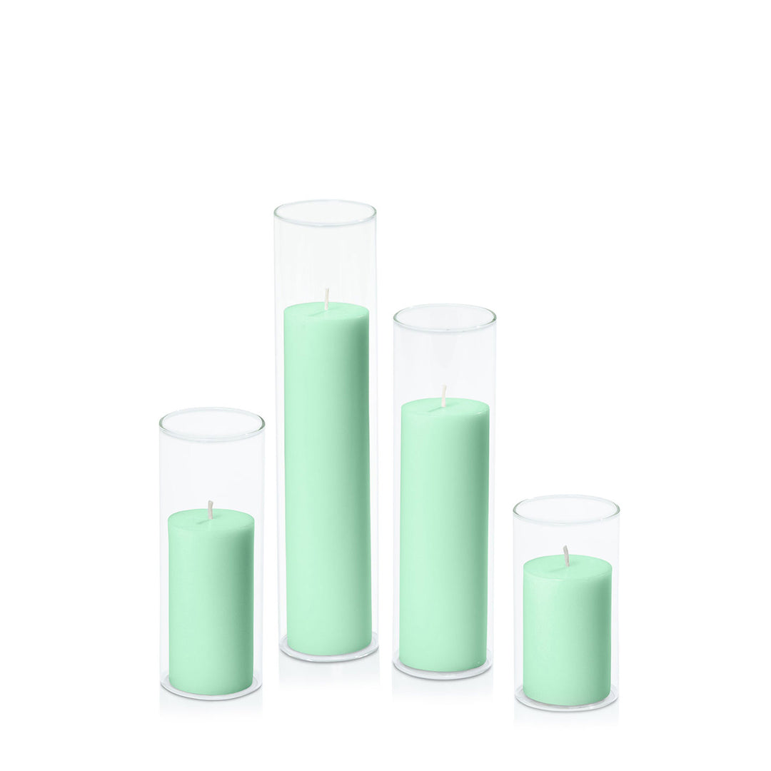 Mint Green 5cm Pillar in 5.8cm Glass Set - Med Pack of 1