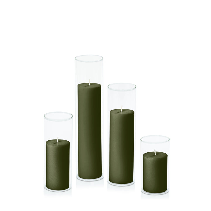 Olive 5cm Pillar in 5.8cm Glass Set - Med Pack of 1