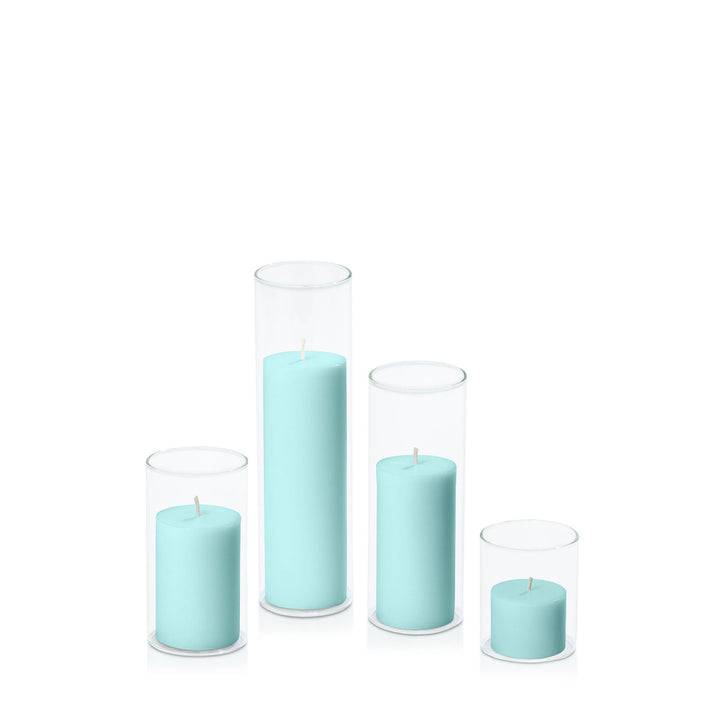 Pastel Teal 5cm Pillar in 5.8cm Glass Set - Sm Pack of 1