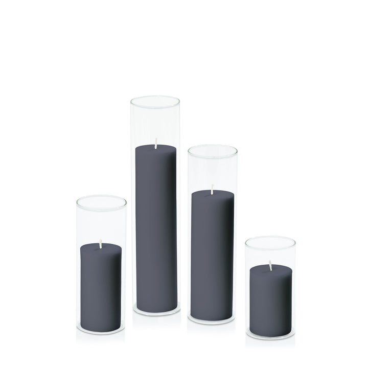 Steel Blue 5cm Pillar in 5.8cm Glass Set - Med Pack of 1