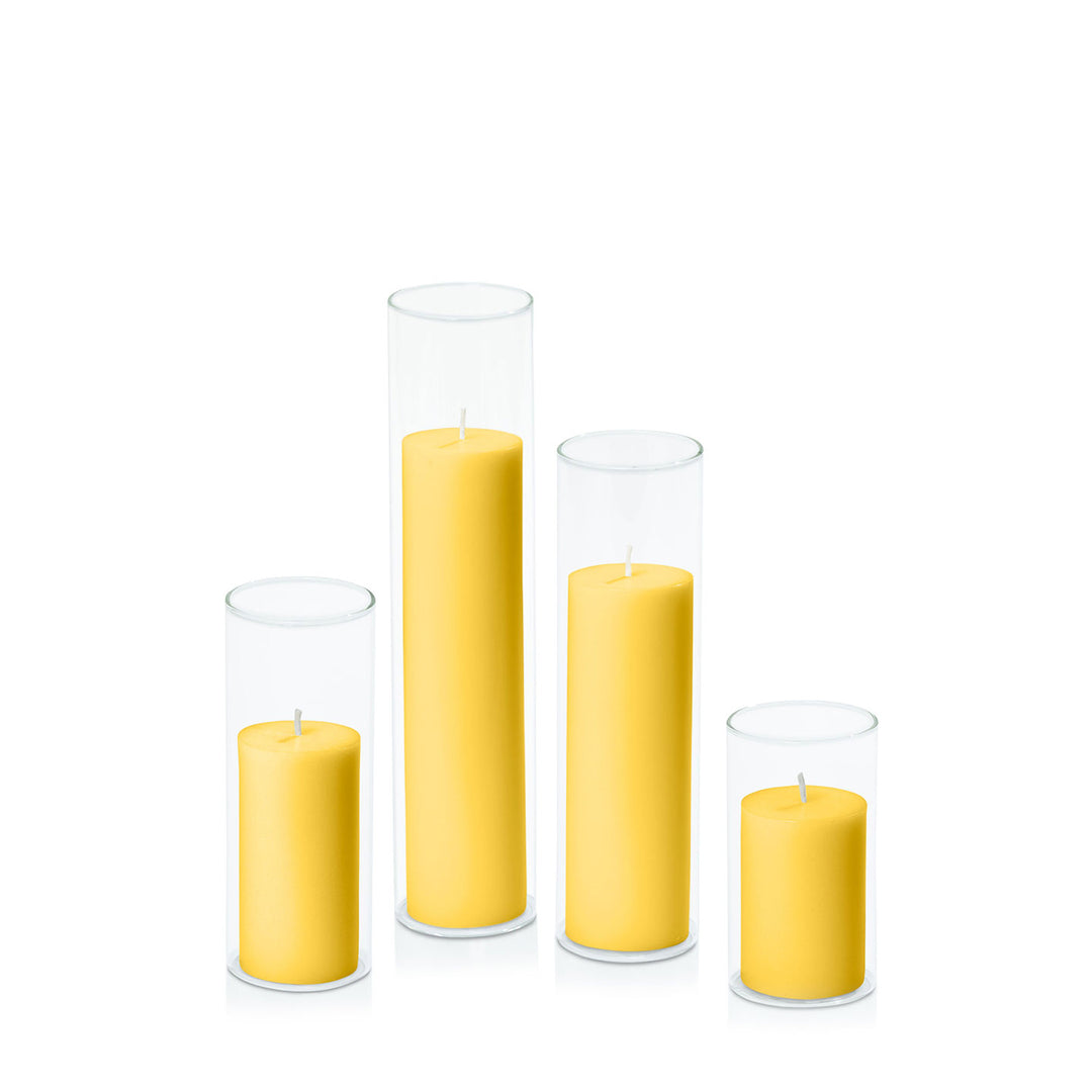 Yellow 5cm Pillar in 5.8cm Glass Set - Med Pack of 1