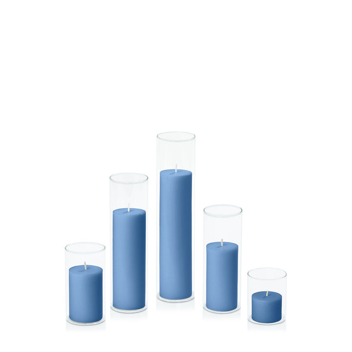 Dusty Blue 5cm Pillar in 5.8cm Glass Set - Sm Pack of 1