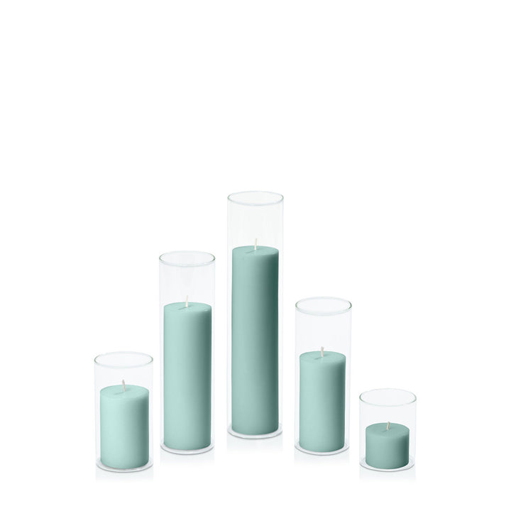 Sage Green 5cm Pillar in 5.8cm Glass Set - Sm Pack of 1