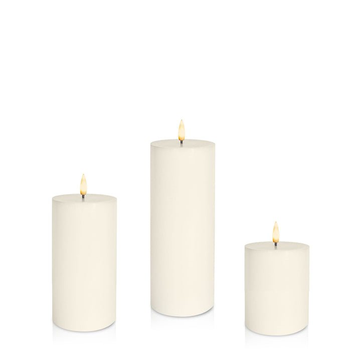 Ivory 8cm LED Pillar Set - Med Pack of 1